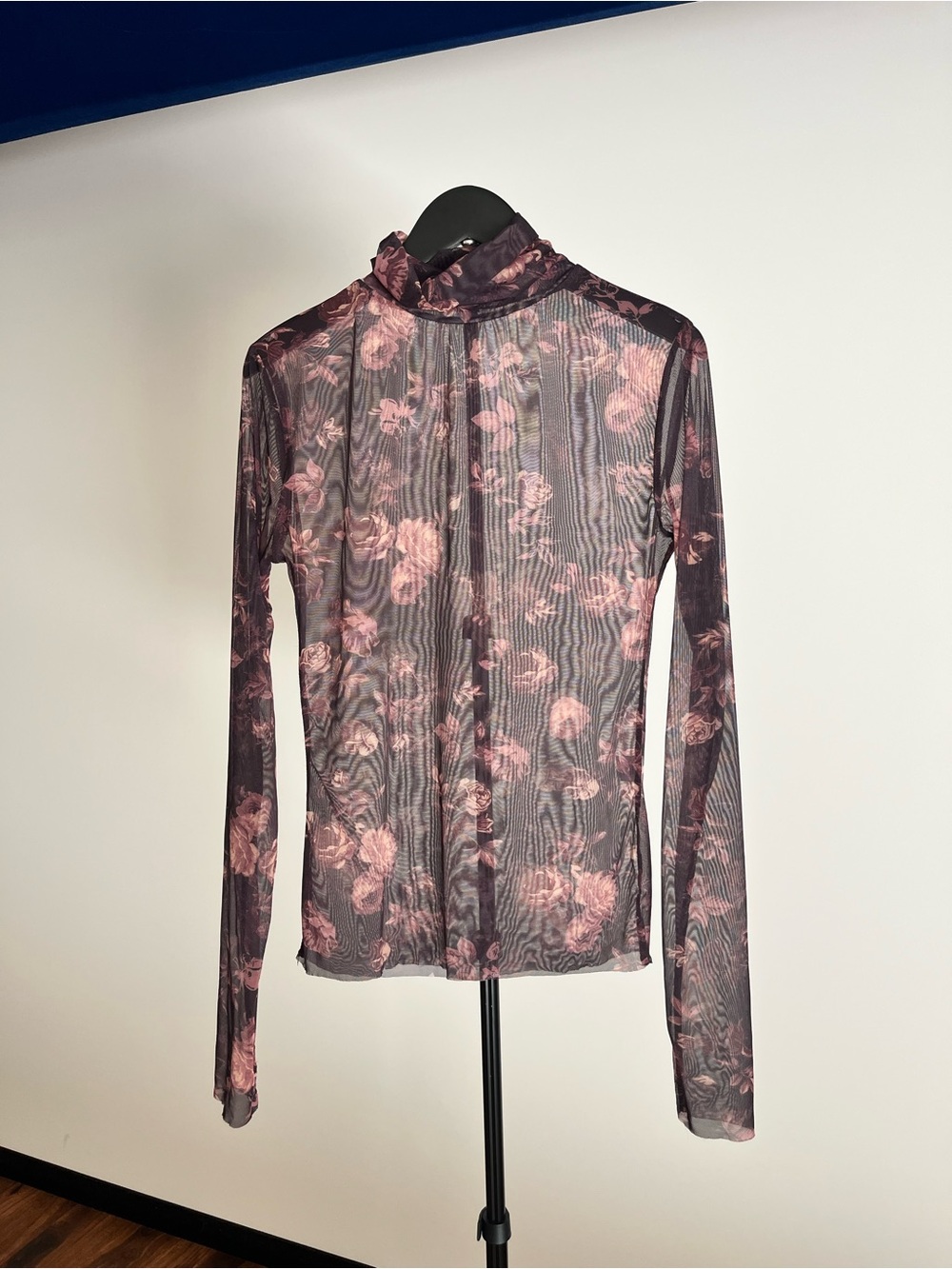 Sheer Floral Long-Sleeve Mock Neck Top - Pink on Black